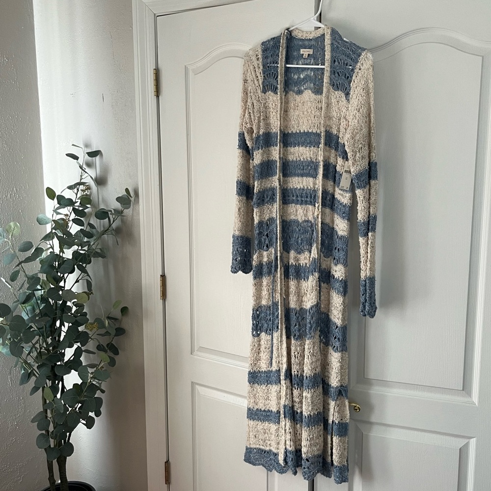 Pilcro Blue and Cream Striped Crochet Cardigan